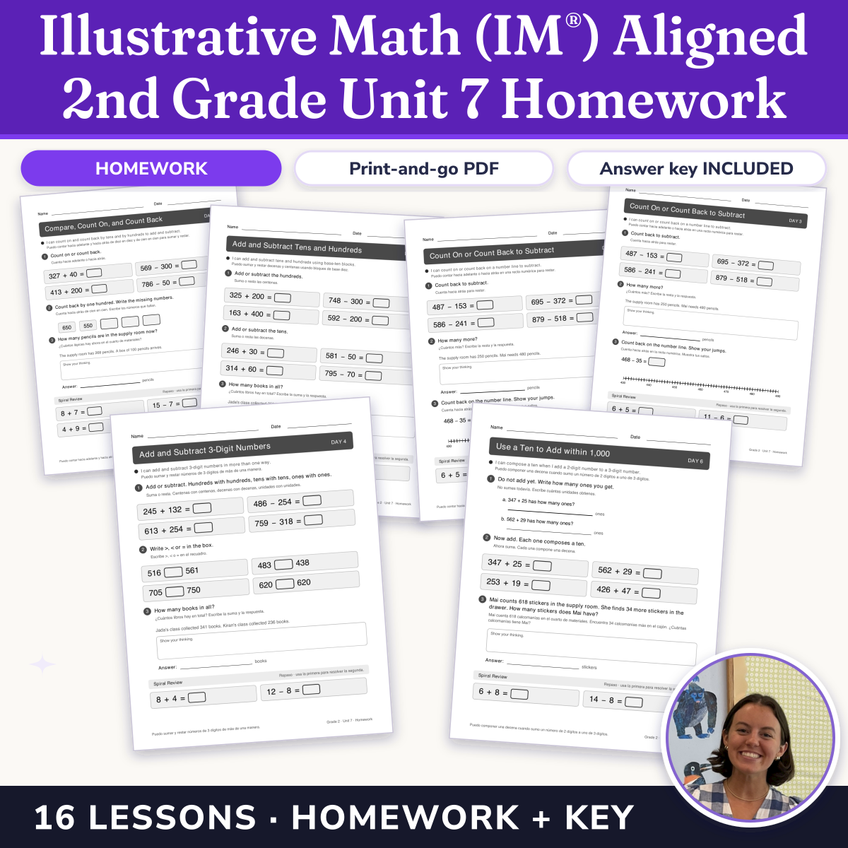 Preview of Illustrative Math (IM®) Aligned 2nd Grade Unit 7 Homework: Add and Subtract within 1,000