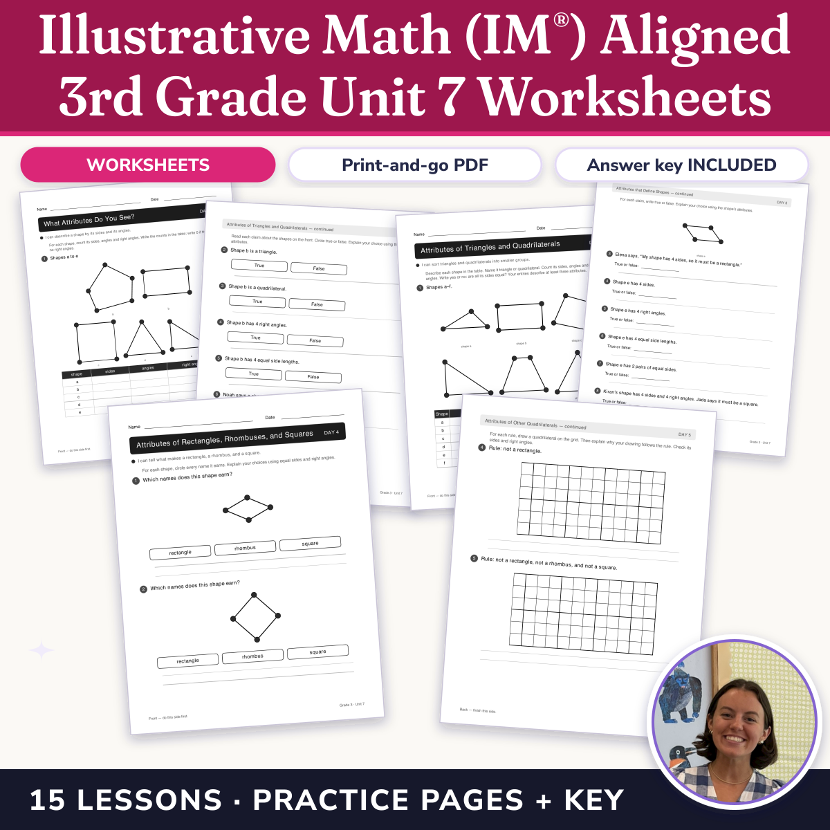 Preview of Illustrative Math (IM®) Aligned 3rd Grade Unit 7 Worksheets: Two-dimensional Shapes and Perimeter