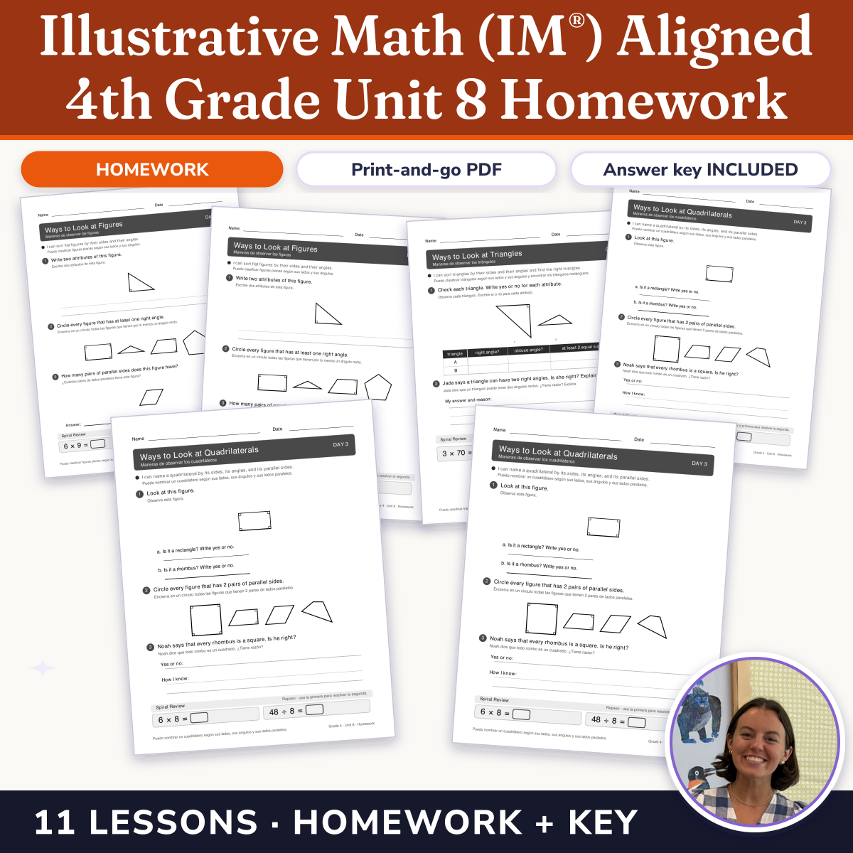 Preview of Illustrative Math (IM®) Aligned 4th Grade Unit 8 Homework: Properties of Two-dimensional Shapes