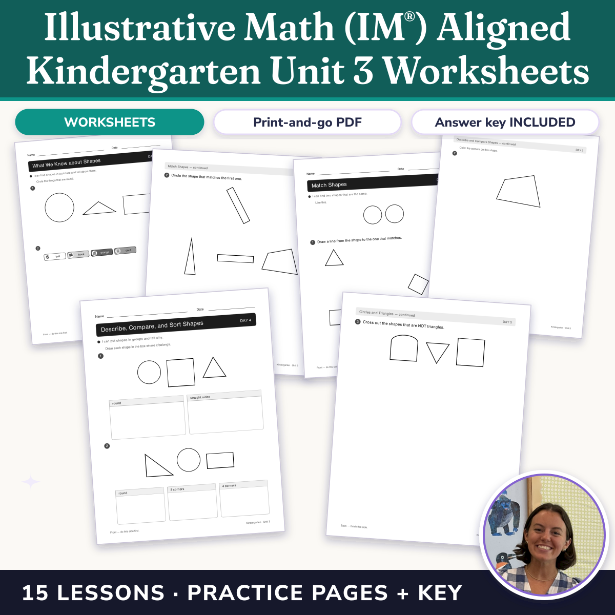 Preview of Illustrative Math (IM®) Aligned Kindergarten Unit 3 Worksheets: Flat Shapes All Around Us