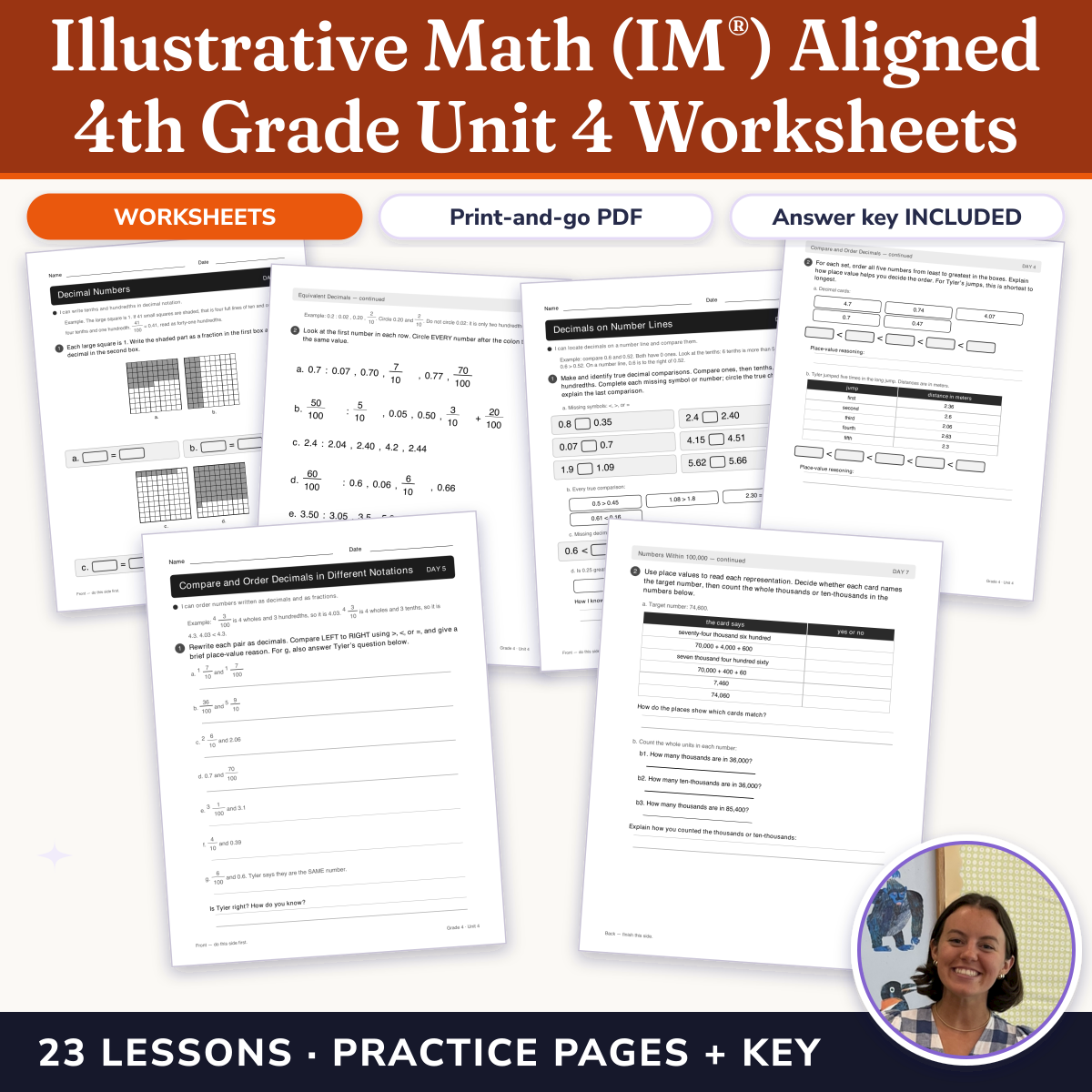 Preview of Illustrative Math (IM®) Aligned 4th Grade Unit 4 Worksheets: From Hundredths to Hundred-thousands
