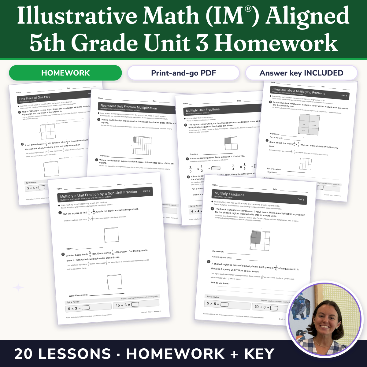 Preview of Illustrative Math (IM®) Aligned 5th Grade Unit 3 Homework: Multiplying and Dividing Fractions