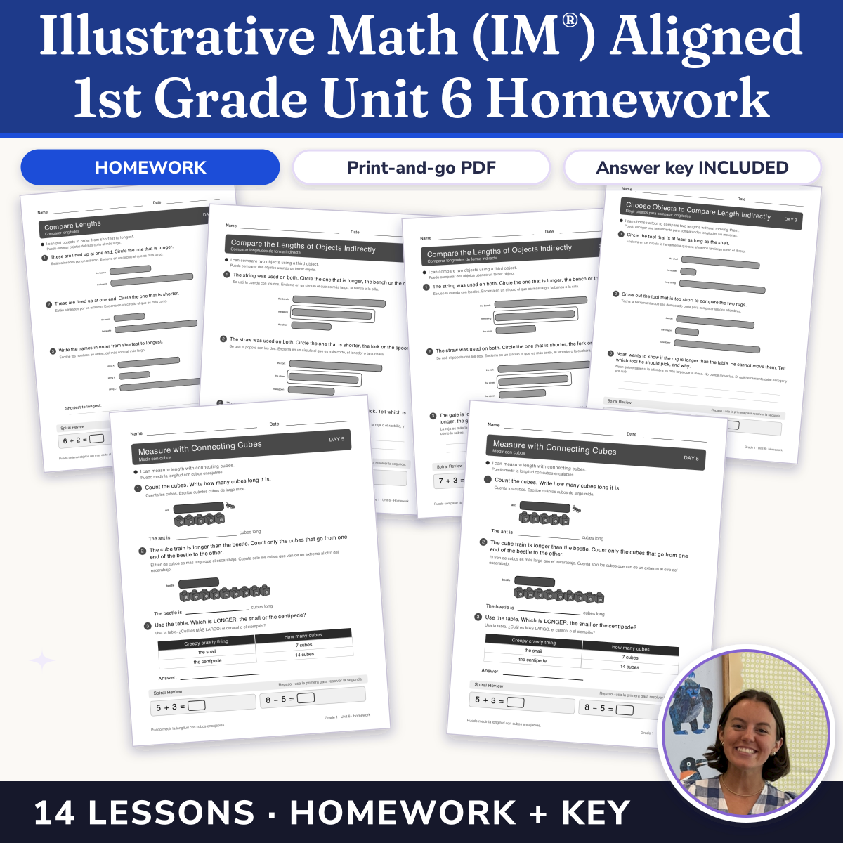 Preview of Illustrative Math (IM®) Aligned 1st Grade Unit 6 Homework: Length Measurements Within 120 Units