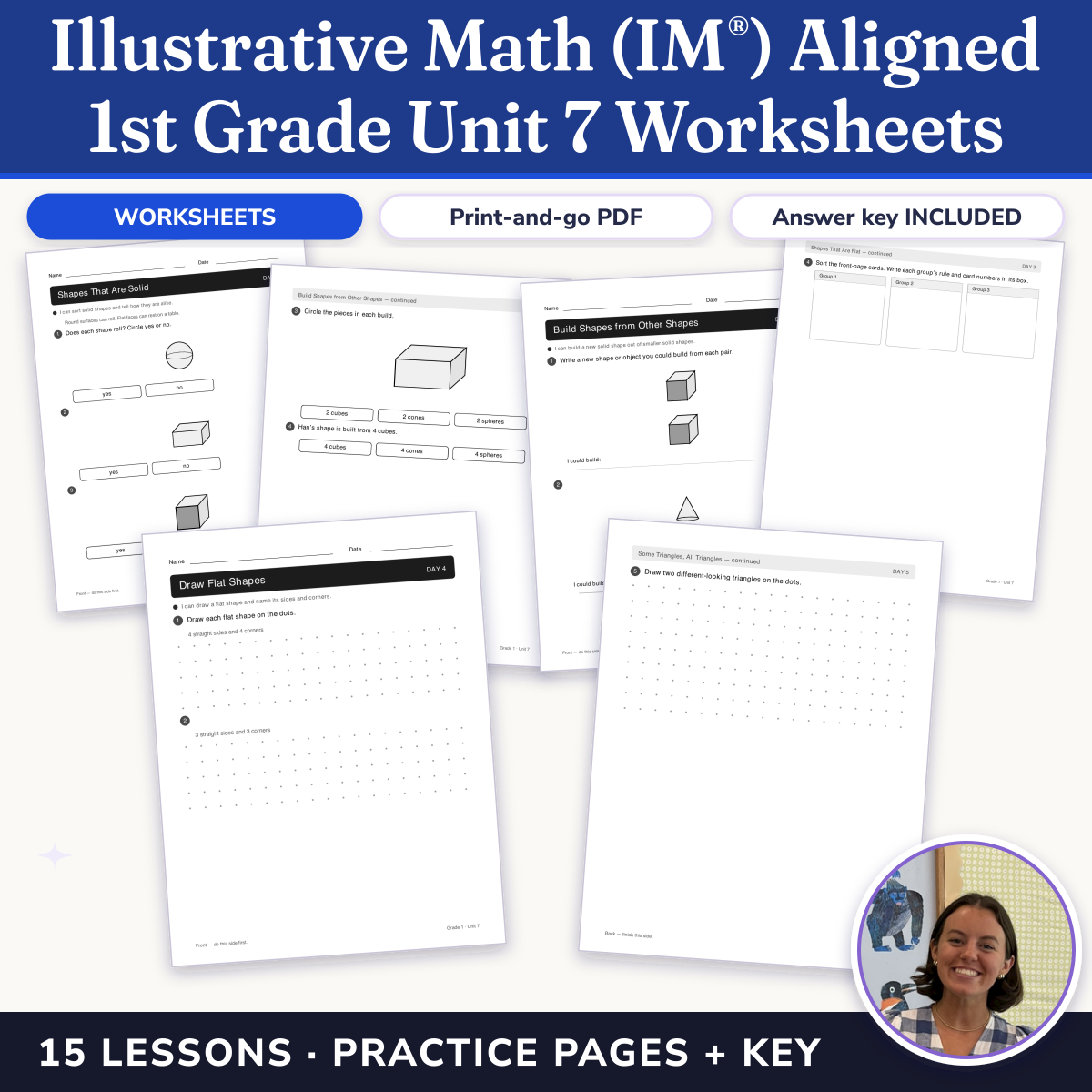 Preview of Illustrative Math (IM®) Aligned 1st Grade Unit 7 Worksheets: Geometry and Time