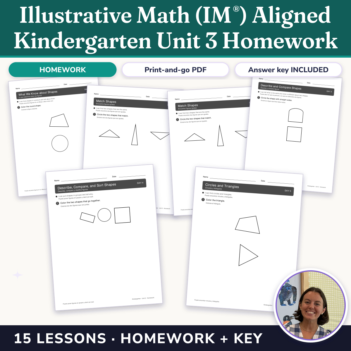 Preview of Illustrative Math (IM®) Aligned Kindergarten Unit 3 Homework: Flat Shapes All Around Us