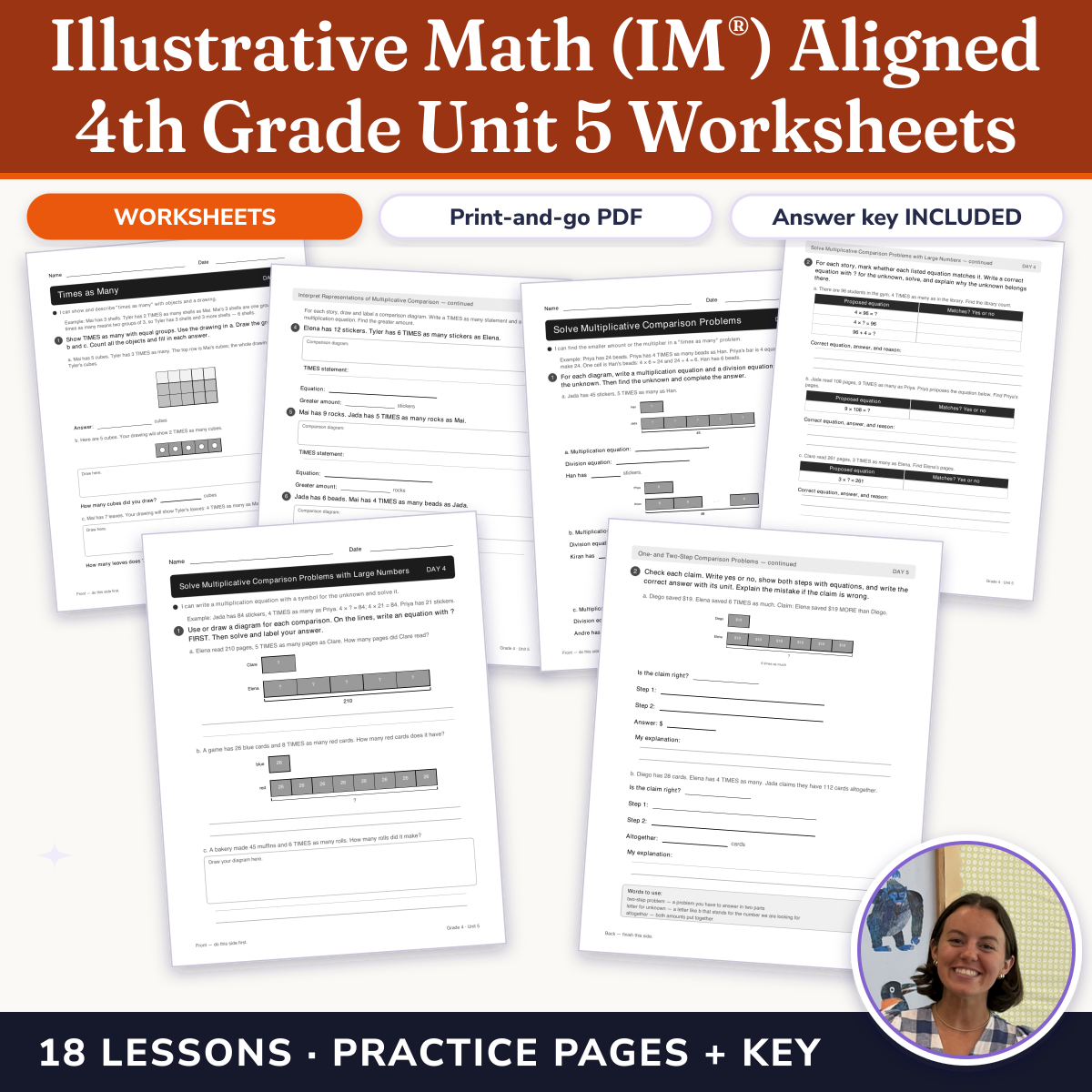 Preview of Illustrative Math (IM®) Aligned 4th Grade Unit 5 Worksheets: Multiplicative Comparison and Measurement