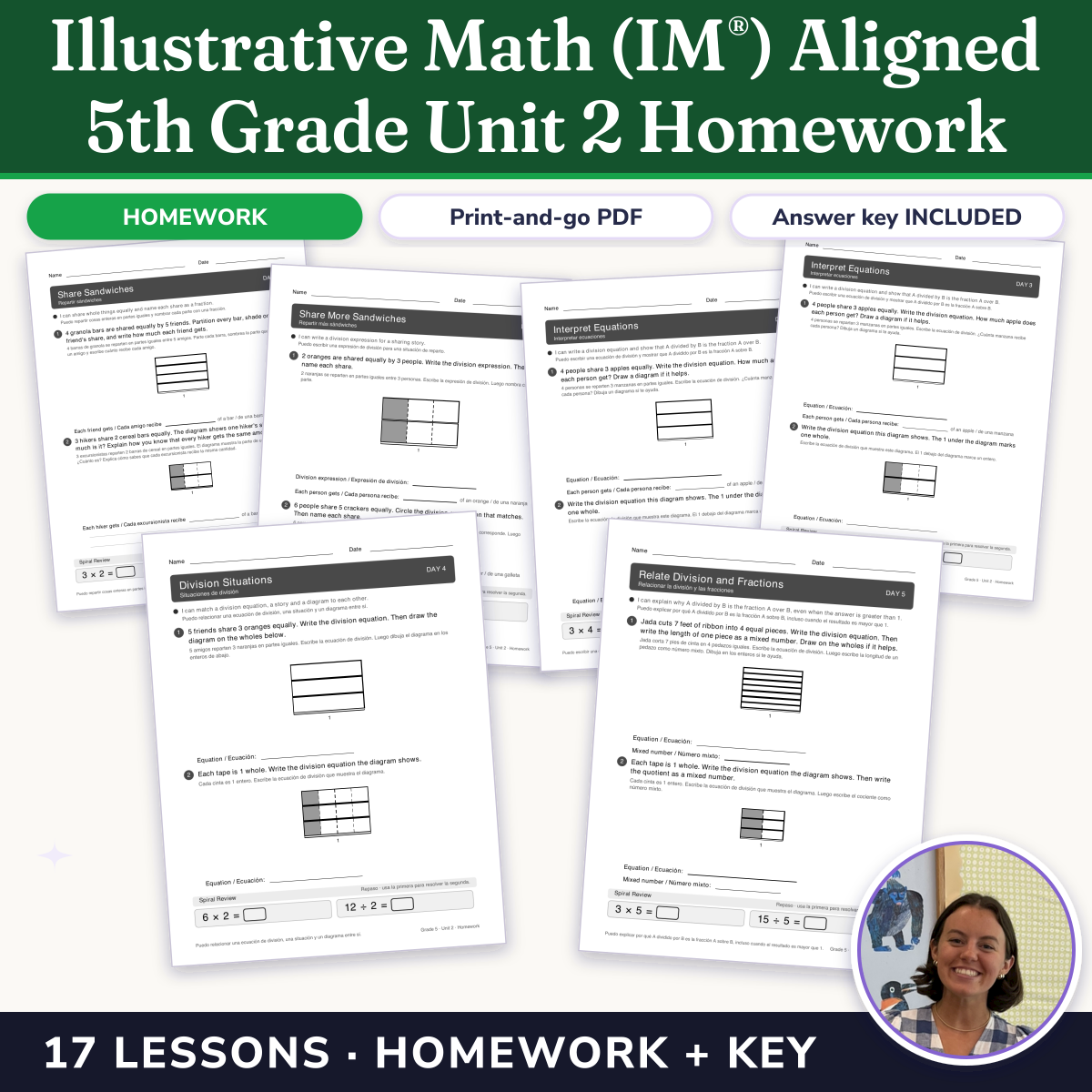 Preview of Illustrative Math (IM®) Aligned 5th Grade Unit 2 Homework: Fractions as Quotients and Fraction Multiplication