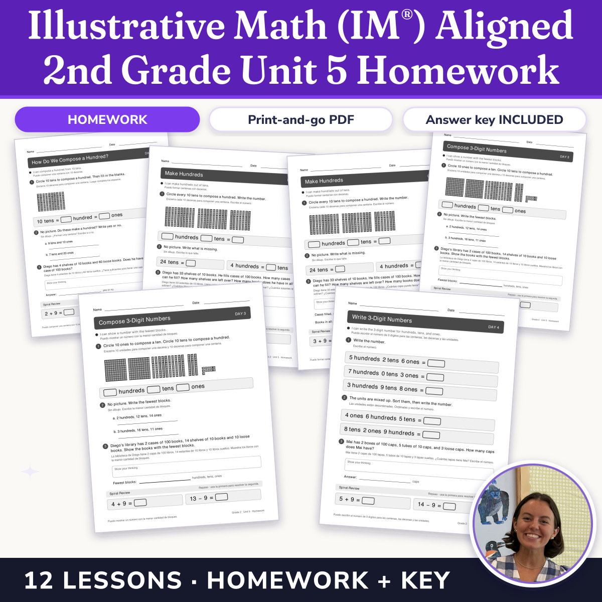 Preview of Illustrative Math (IM®) Aligned 2nd Grade Unit 5 Homework: Numbers to 1,000