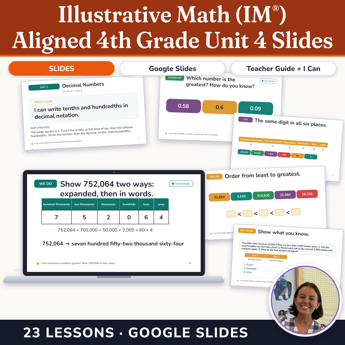 Preview of Illustrative Math (IM®) Aligned 4th Grade Unit 4 Slides: From Hundredths to Hundred-thousands