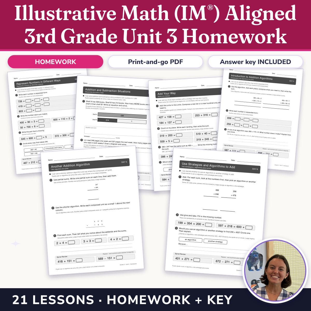 Preview of Illustrative Math (IM®) Aligned 3rd Grade Unit 3 Homework: Wrapping Up Addition and Subtraction within 1,000