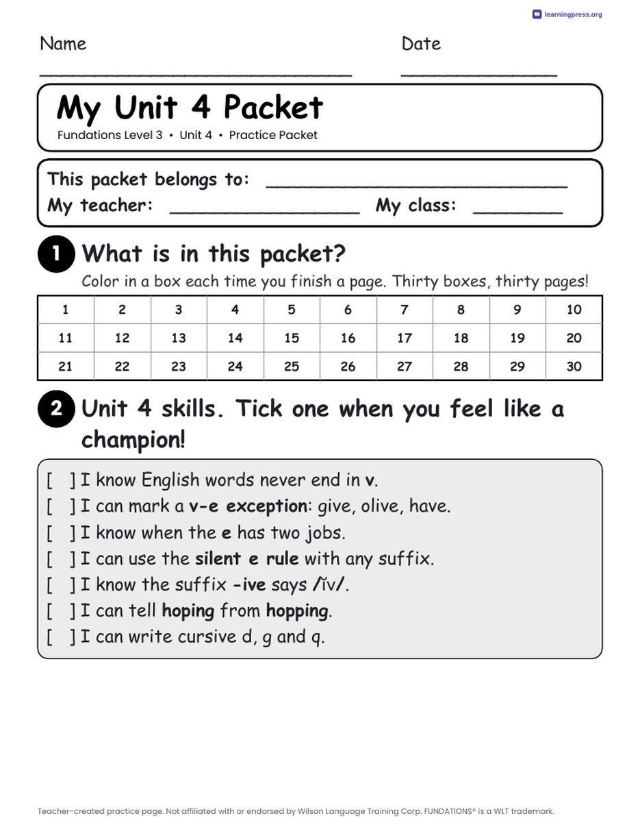 Preview page 1 of Fundations Level 3 Unit 4 Worksheets