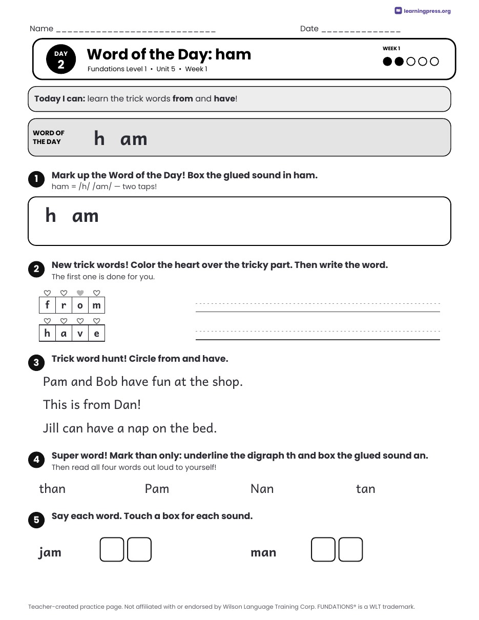 Preview page 1 of Fundations Level 1 Unit 5 Daily Lesson Work Pages