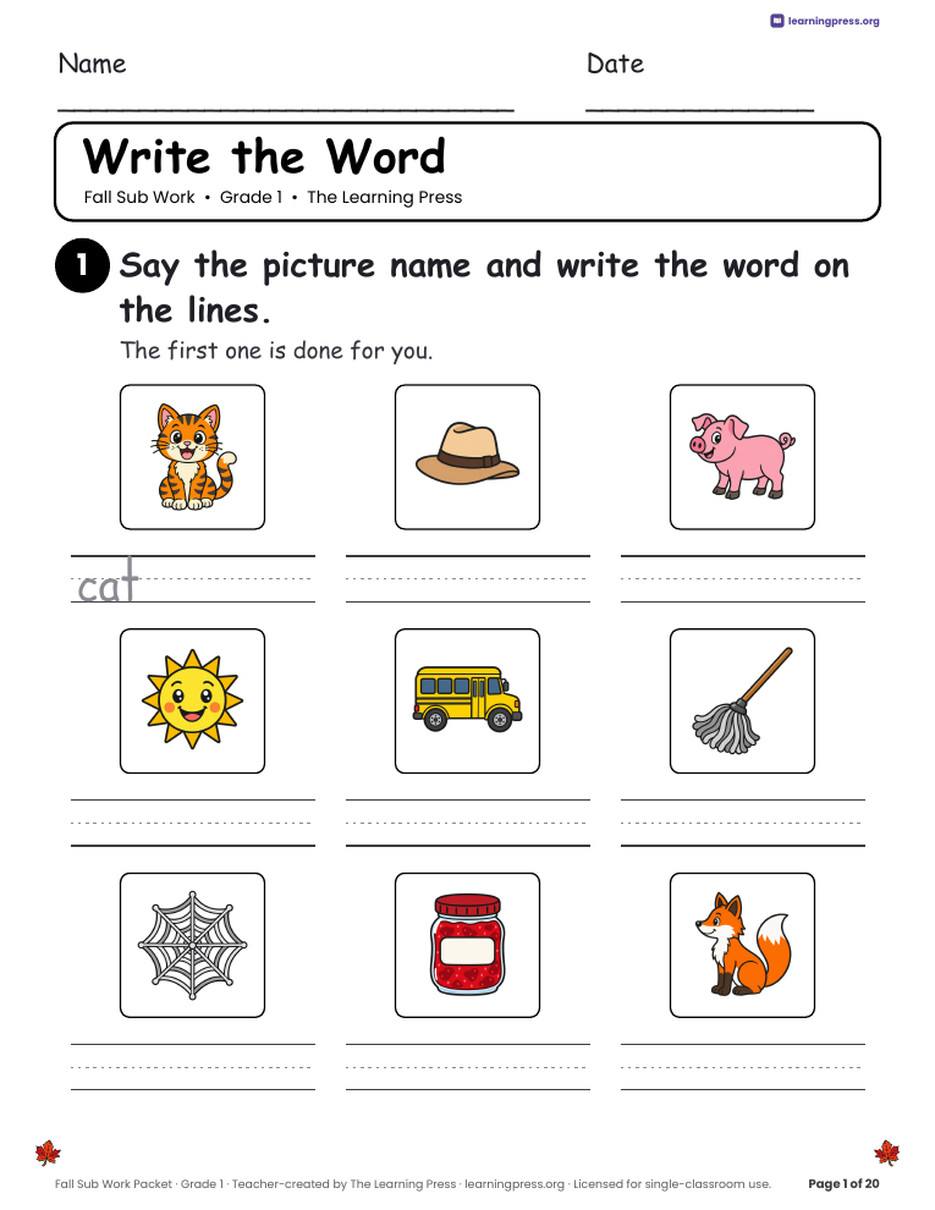 Preview page 3 of Fall Sub Work Packet · Grade 1
