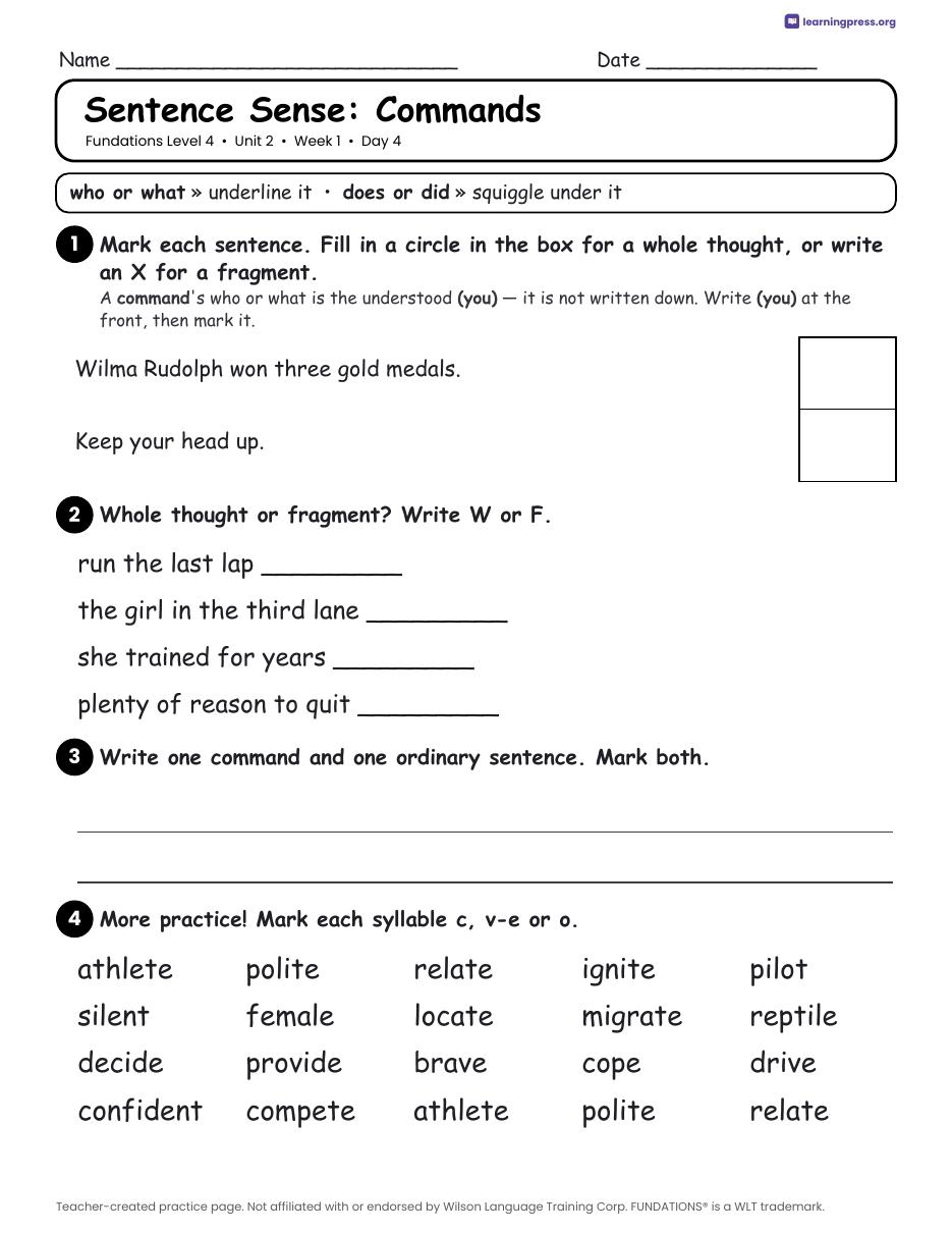 Preview page 2 of Fundations Level 4 Unit 2 Daily Lesson Work Pages