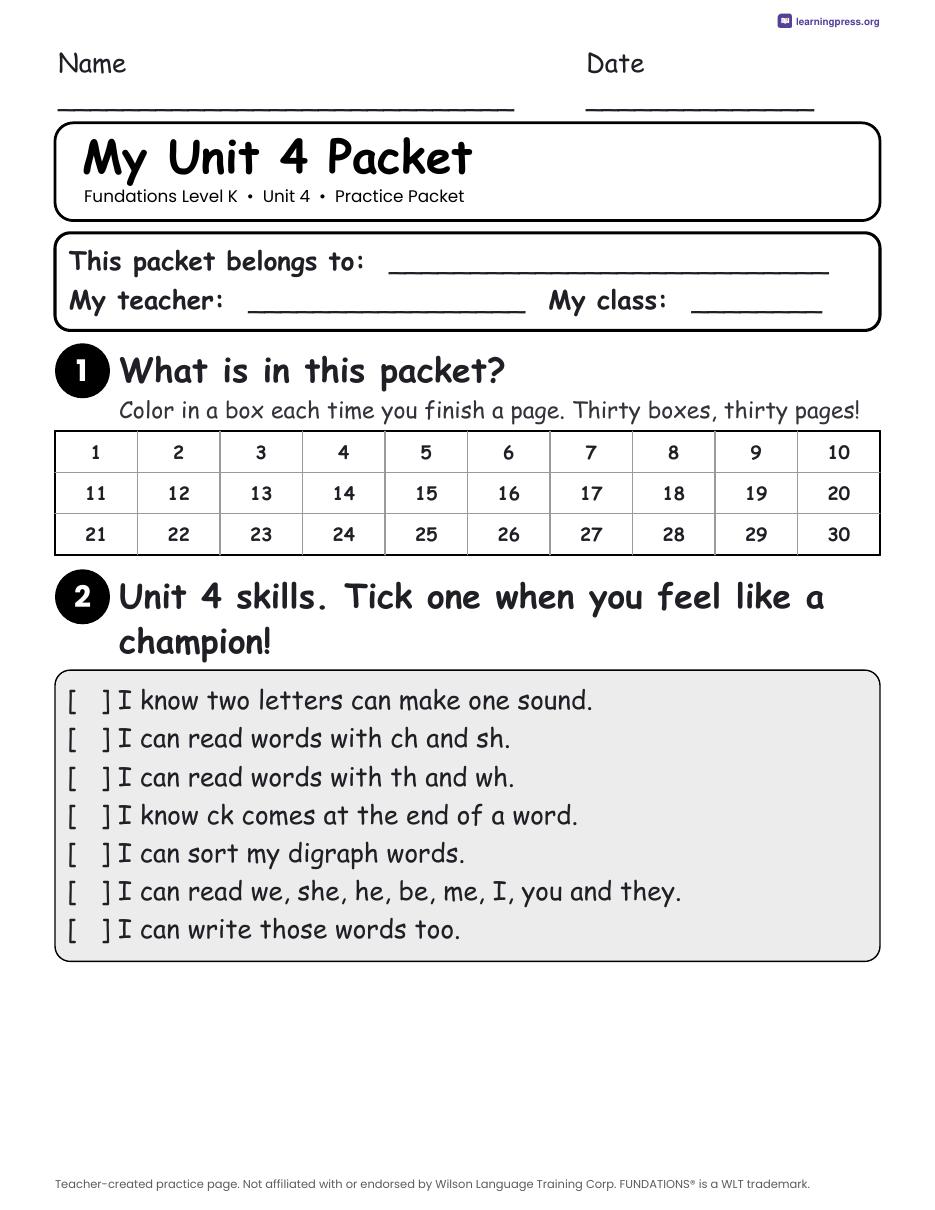 Preview page 1 of Fundations Level K Unit 4 Worksheets