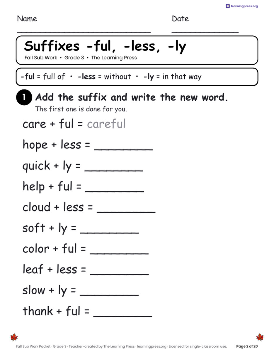 Preview page 4 of Fall Sub Work Packet · Grade 3