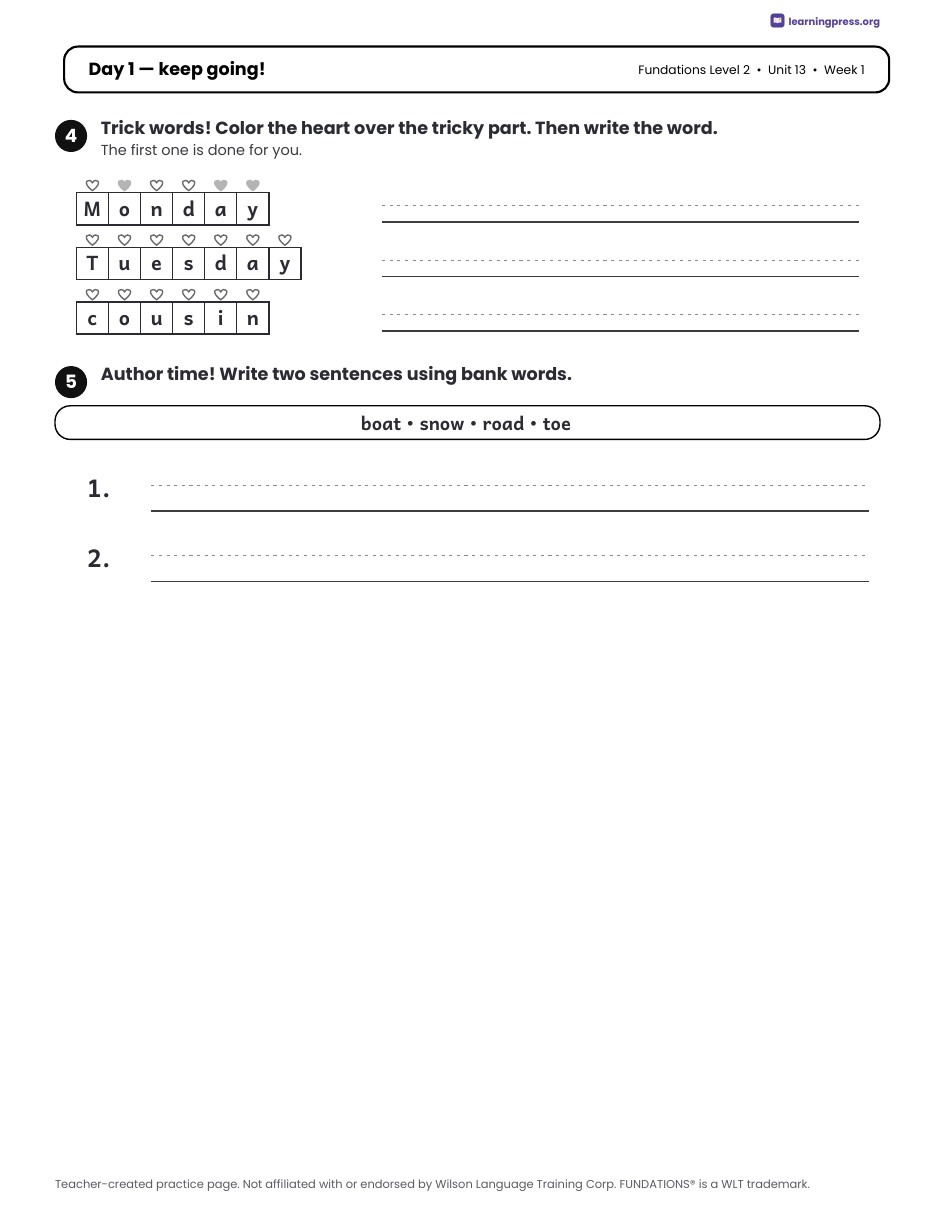 Preview page 1 of Fundations Level 2 Unit 13 Daily Lesson Work Pages