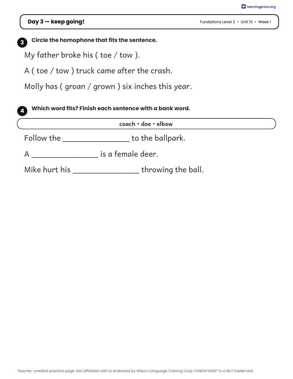 Preview page 2 of Fundations Level 2 Unit 13 Daily Lesson Work Pages