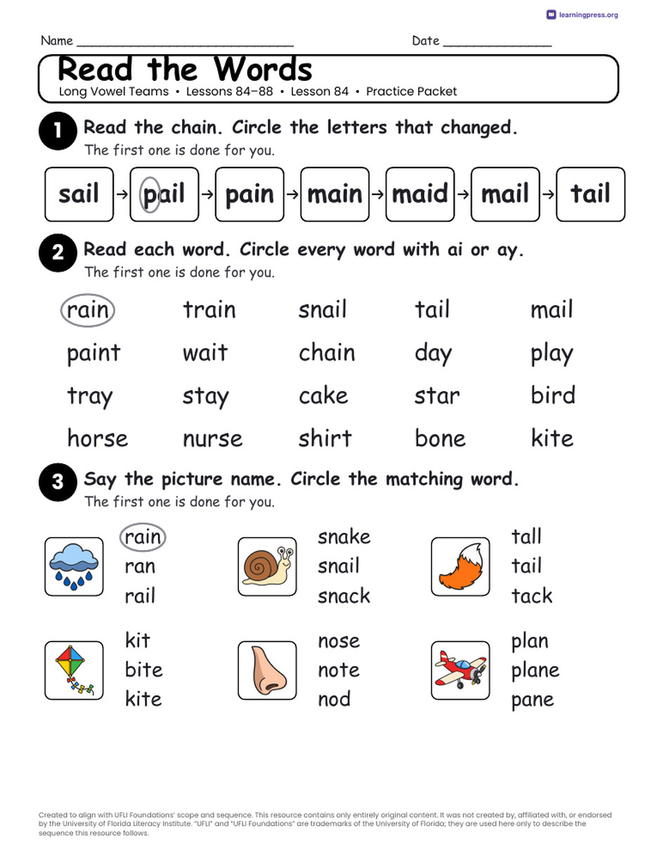 Preview page 2 of UFLI Aligned Worksheets · Lessons 84 – 88 · Long Vowels Unit Bundle