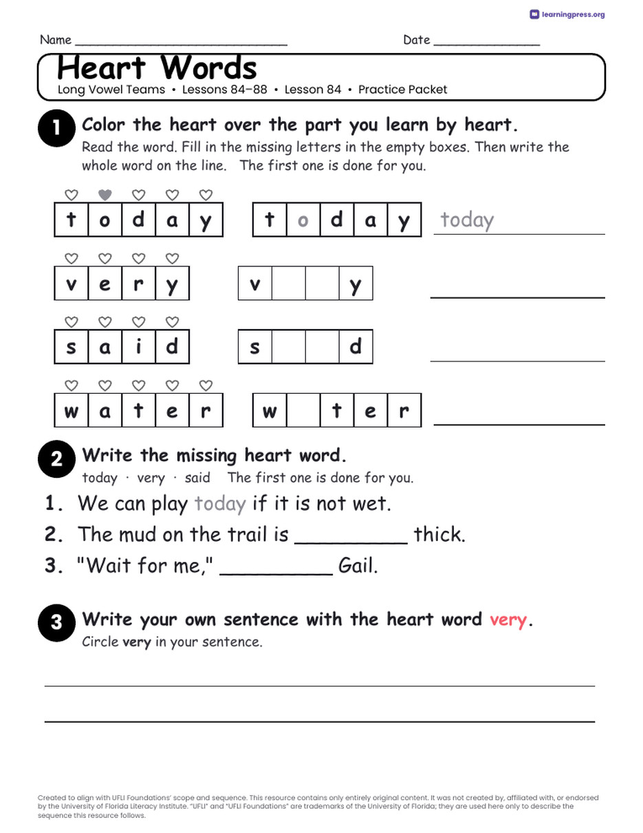 Preview page 3 of UFLI Aligned Worksheets · Lessons 84 – 88 · Long Vowels Unit Bundle