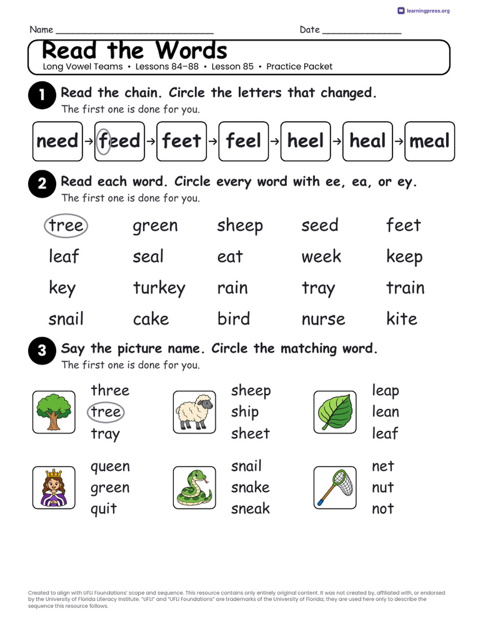 Preview page 4 of UFLI Aligned Worksheets · Lessons 84 – 88 · Long Vowels Unit Bundle