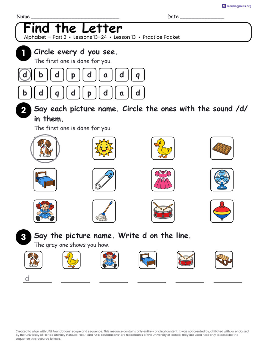 Preview page 2 of UFLI Aligned Kindergarten Worksheets · Lessons 13 – 24 · Alphabet Part 2 Bundle