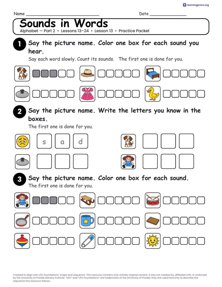 Preview page 3 of UFLI Aligned Kindergarten Worksheets · Lessons 13 – 24 · Alphabet Part 2 Bundle