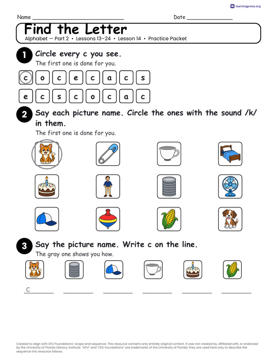 Preview page 4 of UFLI Aligned Kindergarten Worksheets · Lessons 13 – 24 · Alphabet Part 2 Bundle