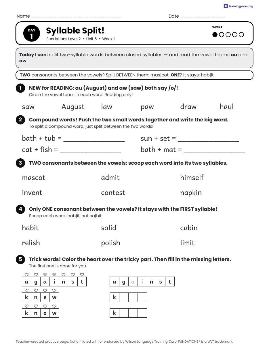 Preview page 1 of Fundations Level 2 Unit 5 Daily Lesson Work Pages
