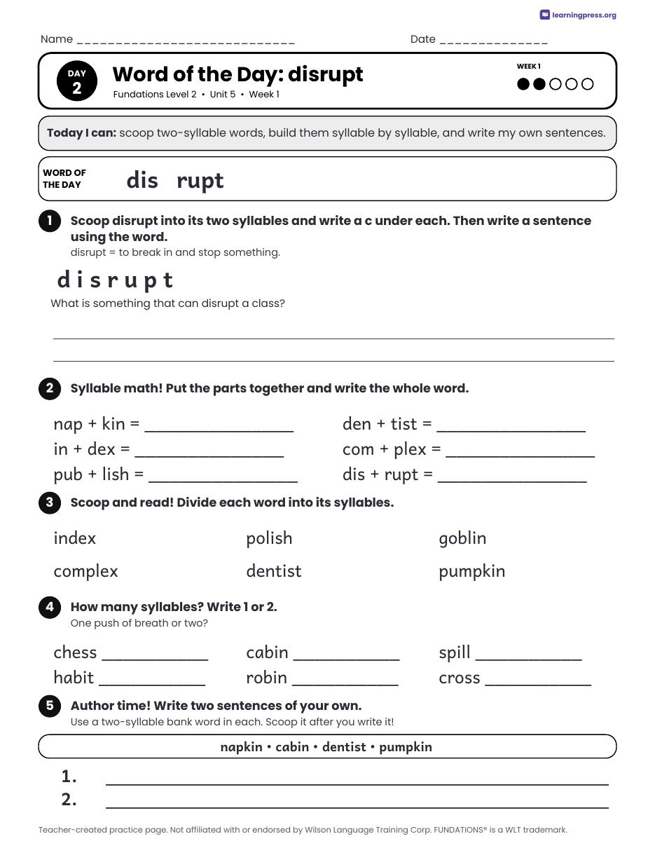 Preview page 2 of Fundations Level 2 Unit 5 Daily Lesson Work Pages