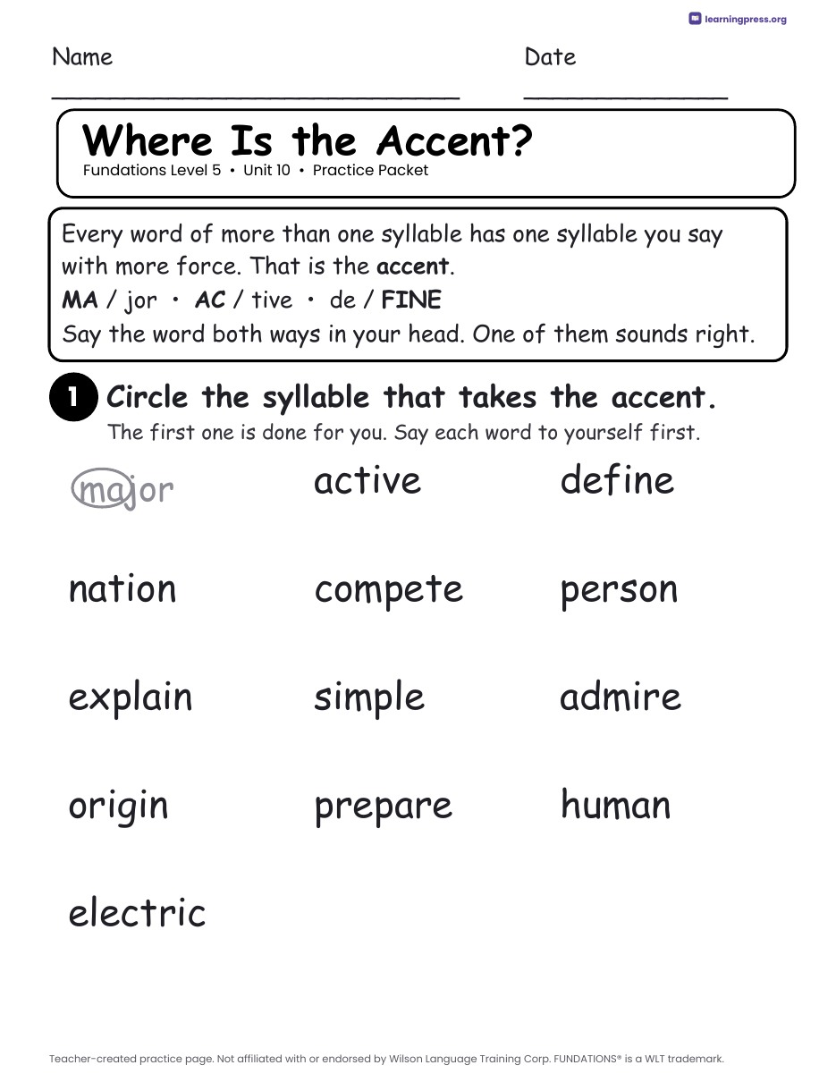 Preview page 1 of Fundations Level 5 Unit 10 Worksheets