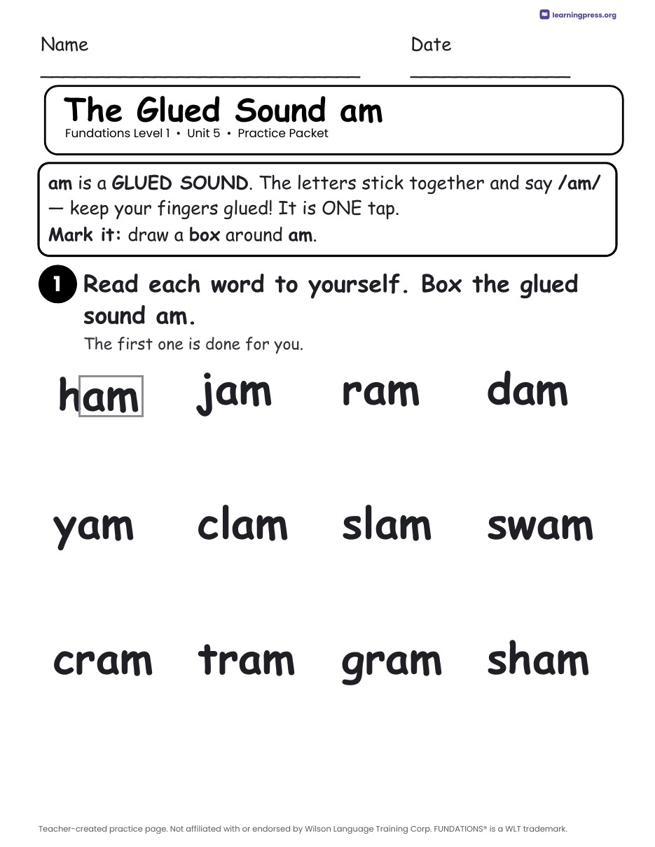 Preview page 1 of Fundations Level 1 Unit 5 Worksheets