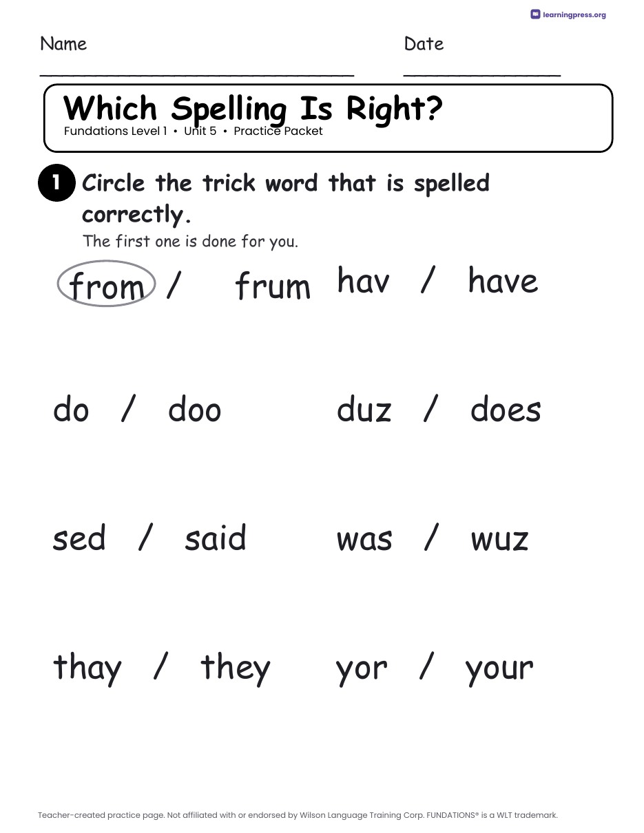 Preview page 2 of Fundations Level 1 Unit 5 Worksheets