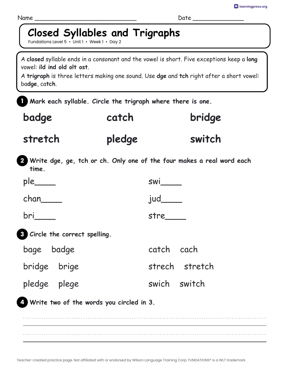 Preview page 1 of Fundations Level 5 Unit 1 Daily Lesson Work Pages