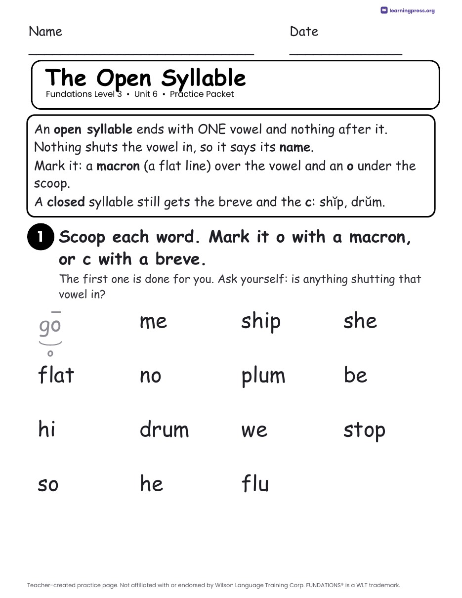 Preview page 1 of Fundations Level 3 Unit 6 Worksheets