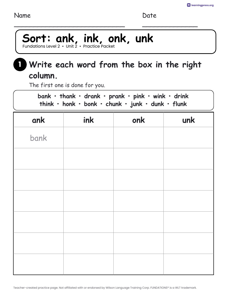 Preview page 2 of Fundations Level 2 Unit 2 Worksheets