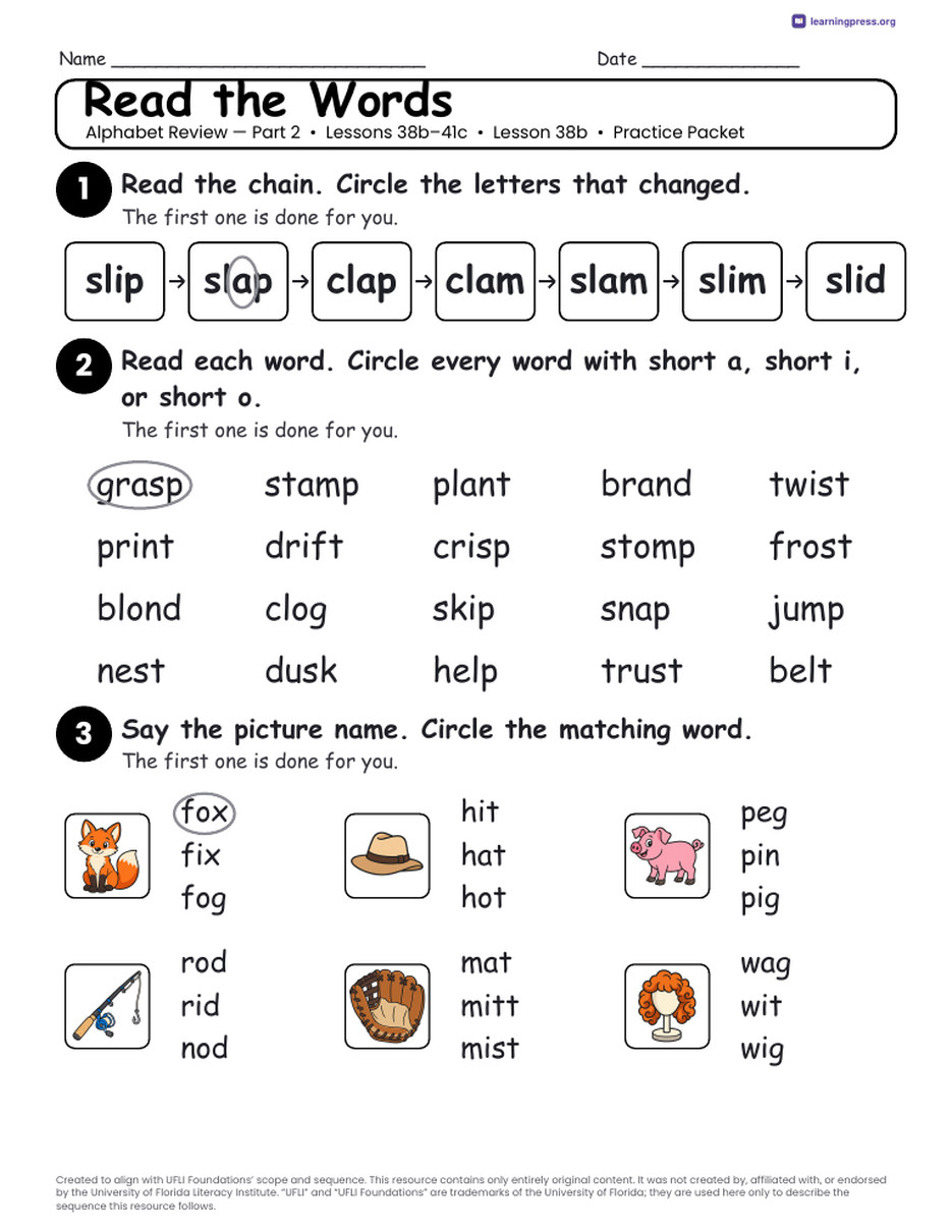 Preview page 2 of UFLI Aligned Kindergarten Worksheets · Lessons 38b – 41c · Alphabet Review 2