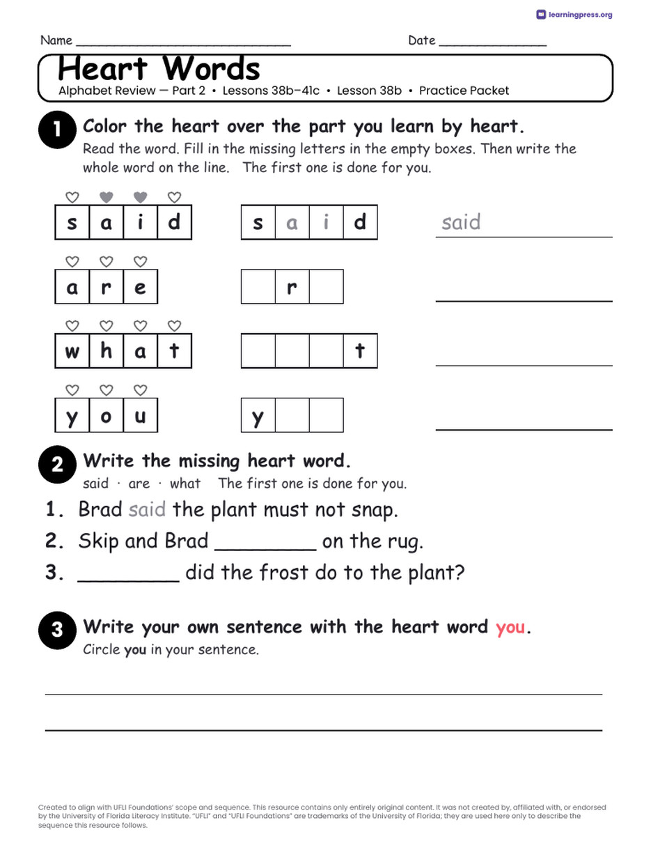 Preview page 3 of UFLI Aligned Kindergarten Worksheets · Lessons 38b – 41c · Alphabet Review 2