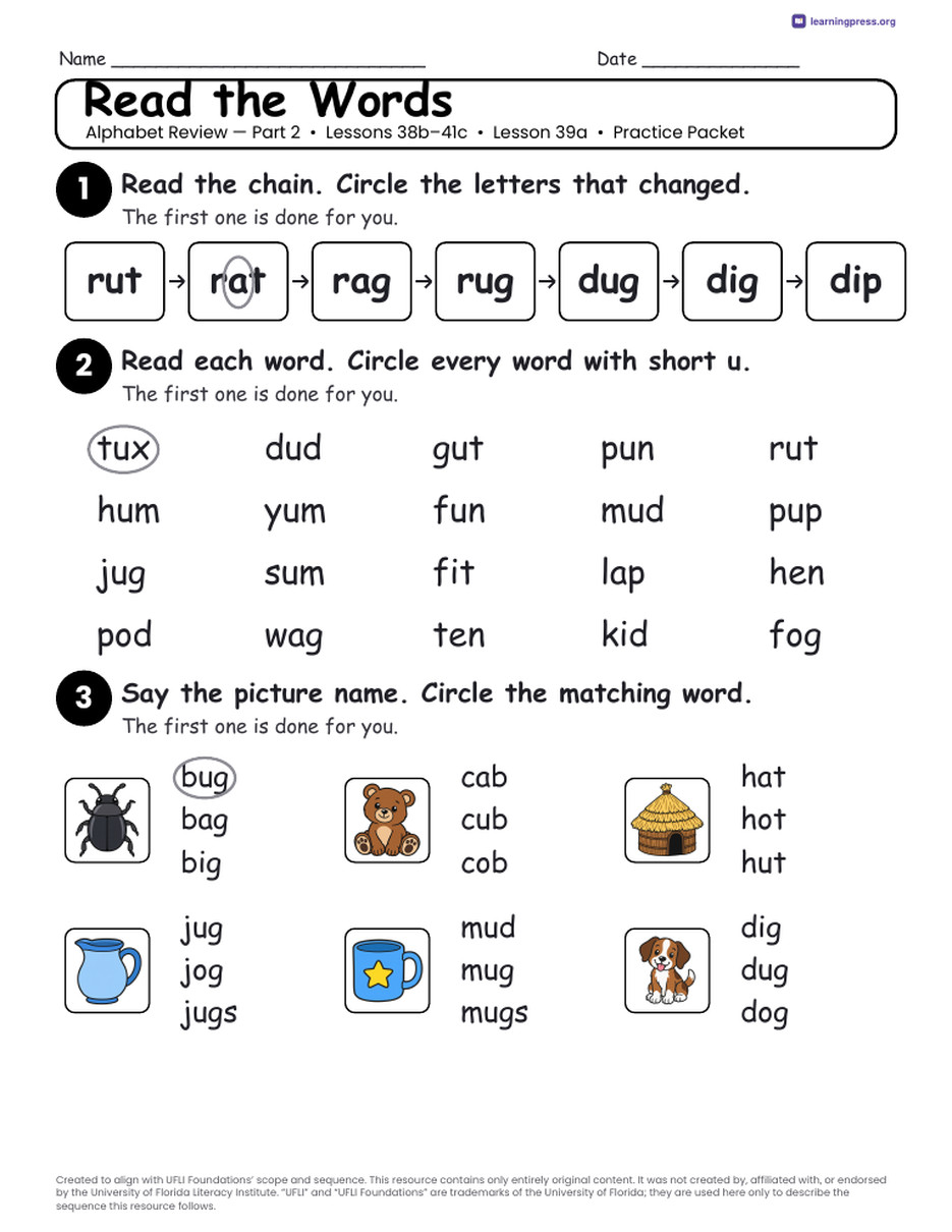 Preview page 4 of UFLI Aligned Kindergarten Worksheets · Lessons 38b – 41c · Alphabet Review 2