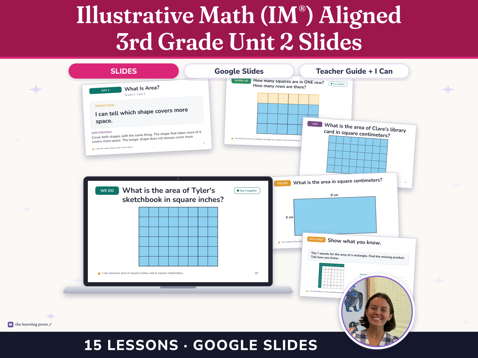 Preview page 1 of Illustrative Math (IM®) Aligned 3rd Grade Unit 2 Slides: Area and Multiplication