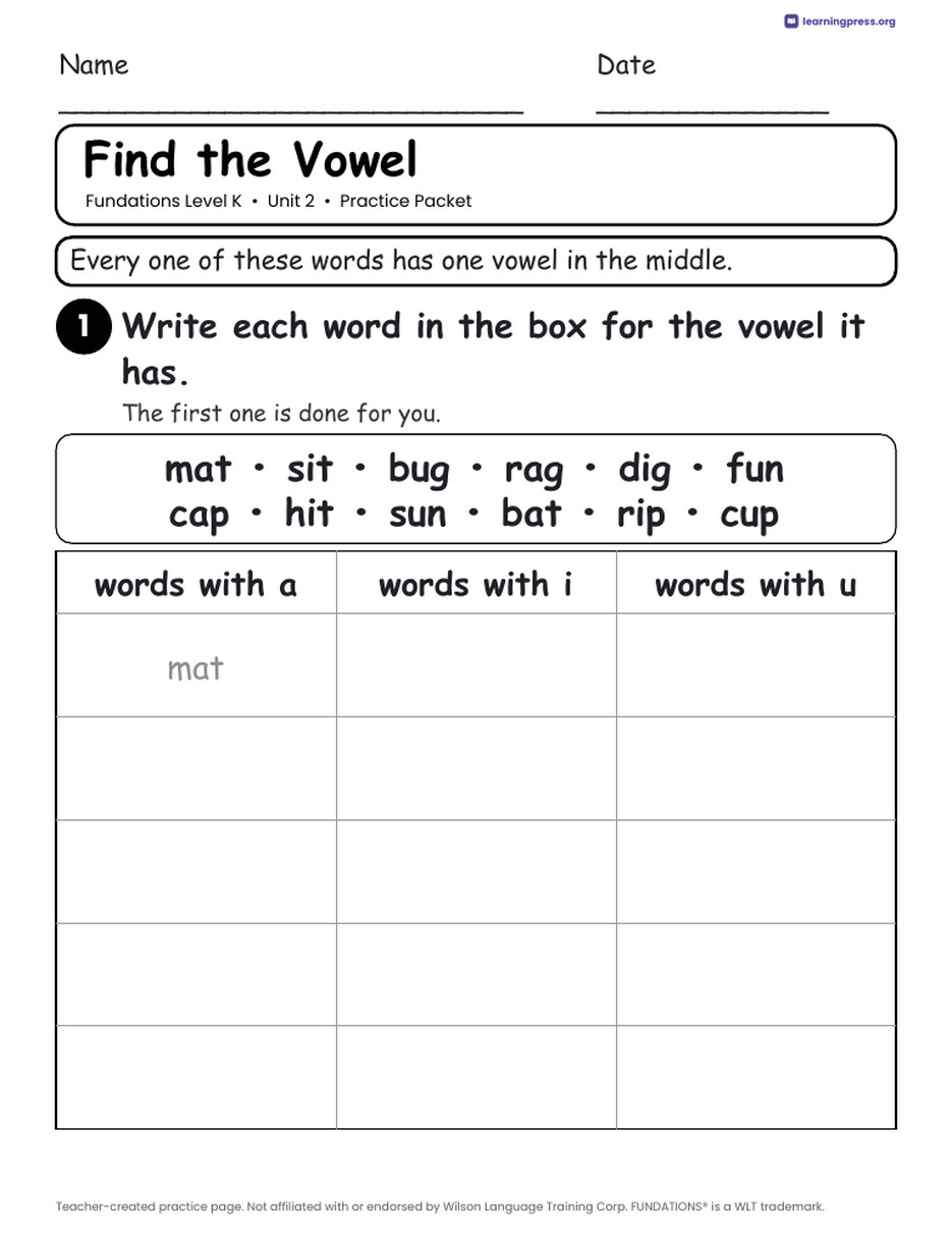 Preview page 3 of Fundations Level K Unit 2 Worksheets