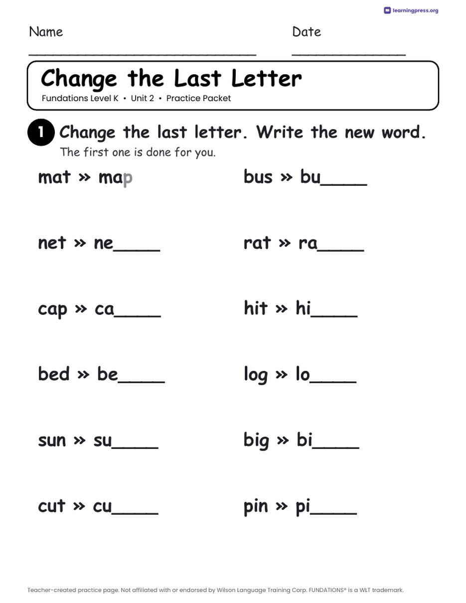 Preview page 4 of Fundations Level K Unit 2 Worksheets