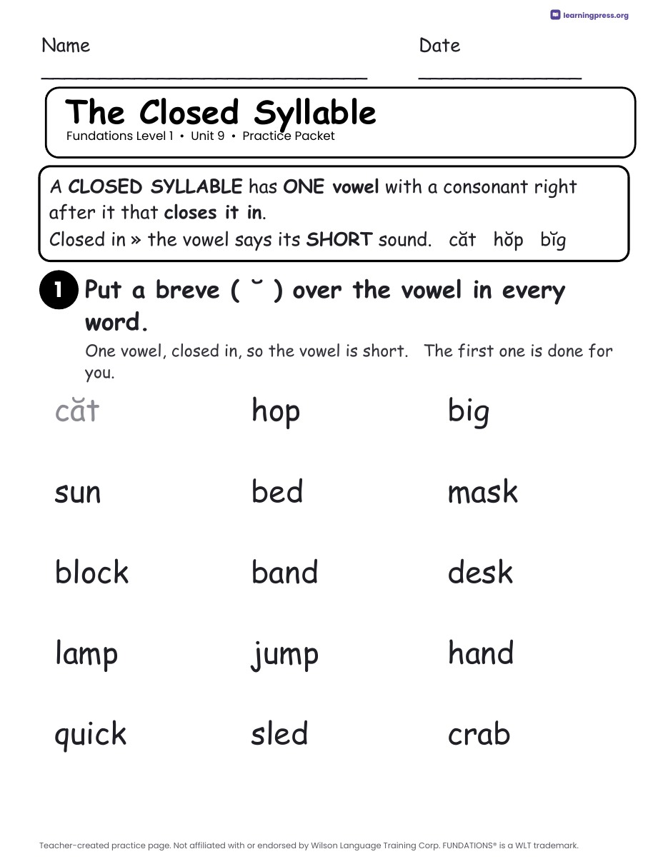 Preview page 1 of Fundations Level 1 Unit 9 Worksheets