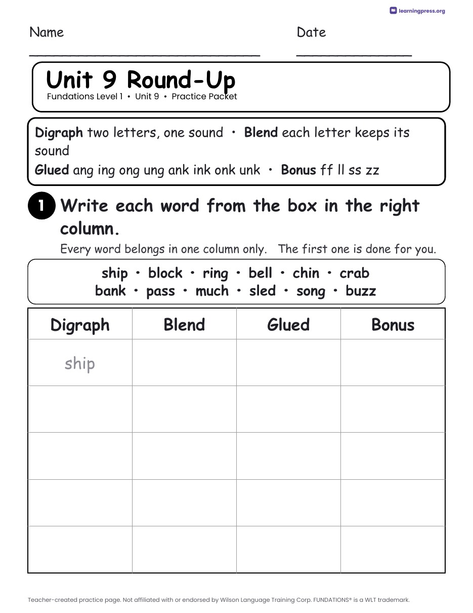 Preview page 4 of Fundations Level 1 Unit 9 Worksheets