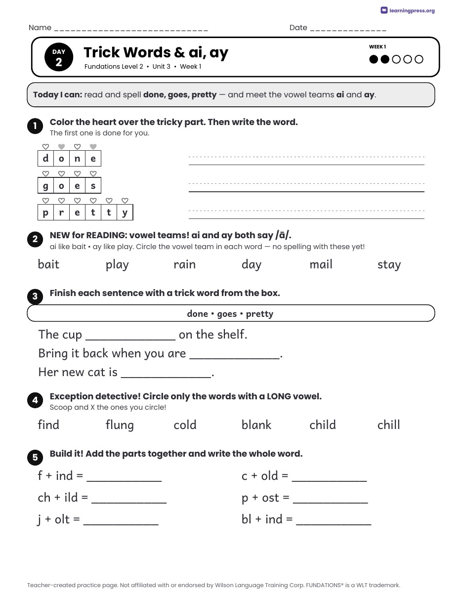 Preview page 1 of Fundations Level 2 Unit 3 Daily Lesson Work Pages