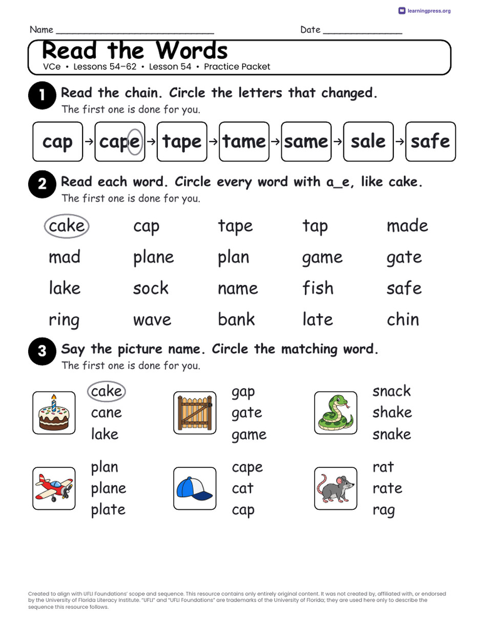 Preview page 2 of UFLI Aligned Kindergarten Worksheets · Lessons 54 – 62 · VCe (Silent e) Bundle