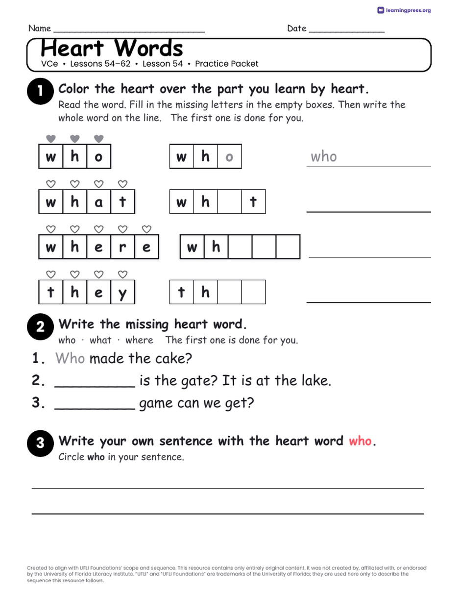 Preview page 3 of UFLI Aligned Kindergarten Worksheets · Lessons 54 – 62 · VCe (Silent e) Bundle