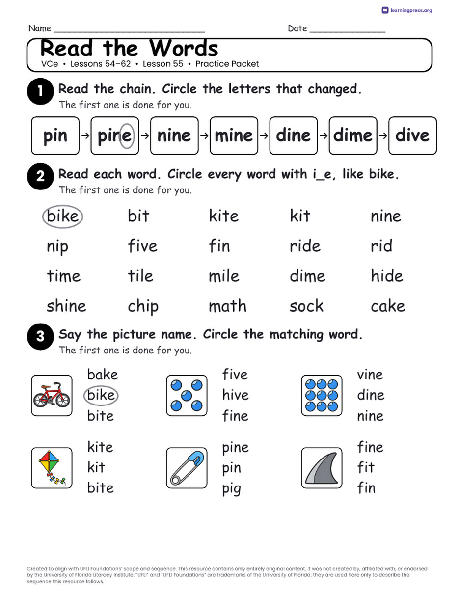 Preview page 4 of UFLI Aligned Kindergarten Worksheets · Lessons 54 – 62 · VCe (Silent e) Bundle