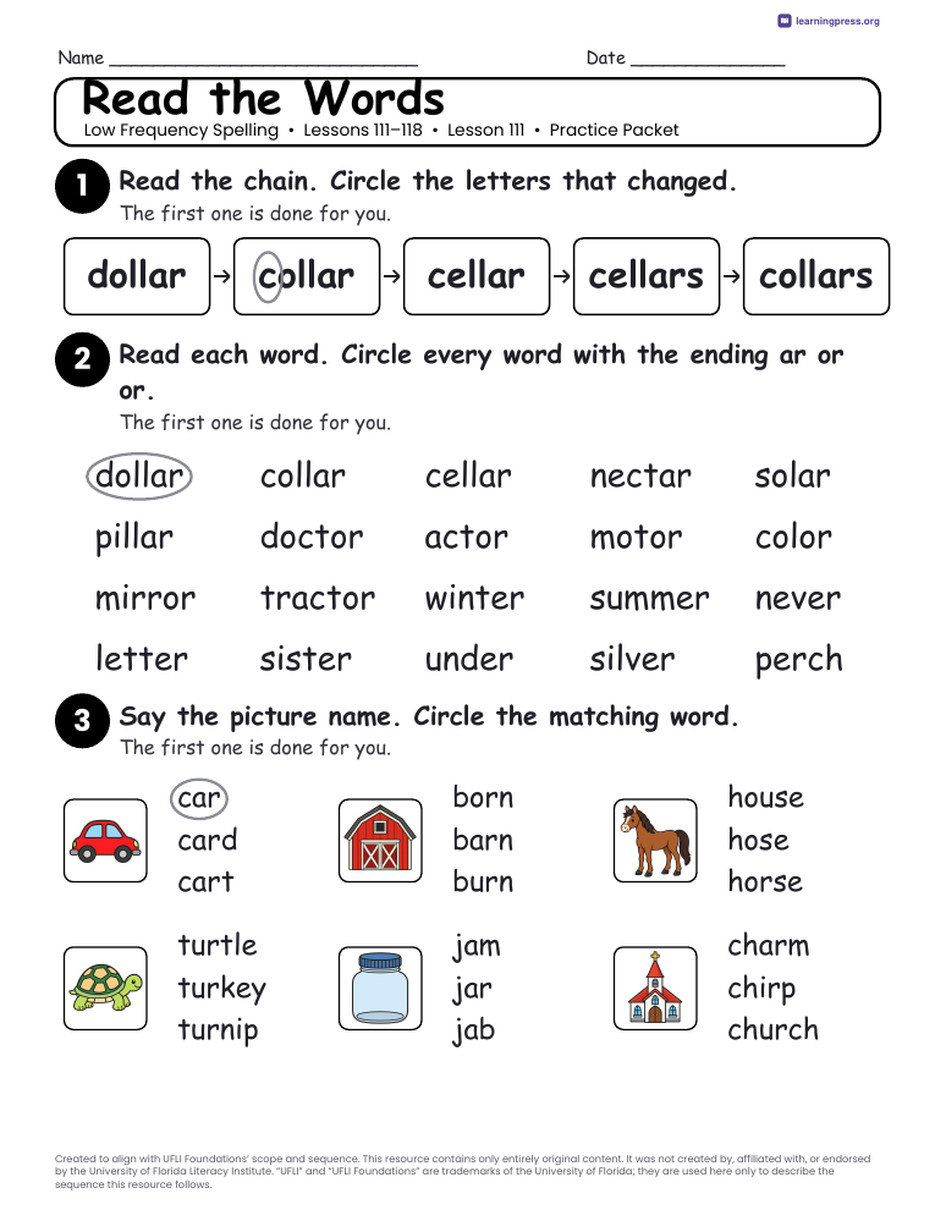 Preview page 2 of UFLI Aligned Worksheets · Lessons 111 – 118 · Low Frequency Unit Bundle