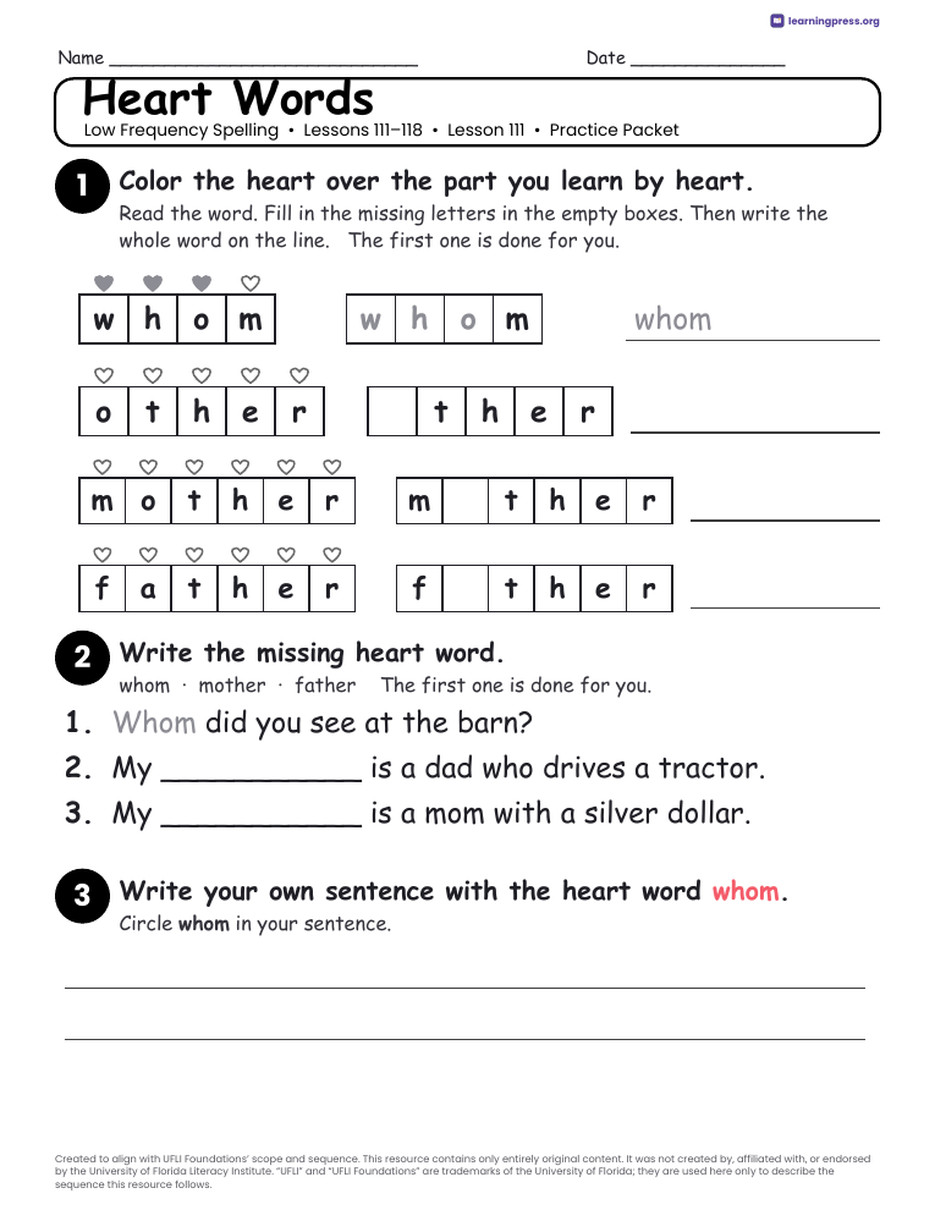 Preview page 3 of UFLI Aligned Worksheets · Lessons 111 – 118 · Low Frequency Unit Bundle